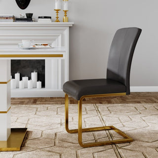 Set of 2 Dining Side Chairs with White Leather Upholstered and Gold Legs Black