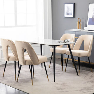 Two velvet dining chairs in velvet with black metal legs for the dining room