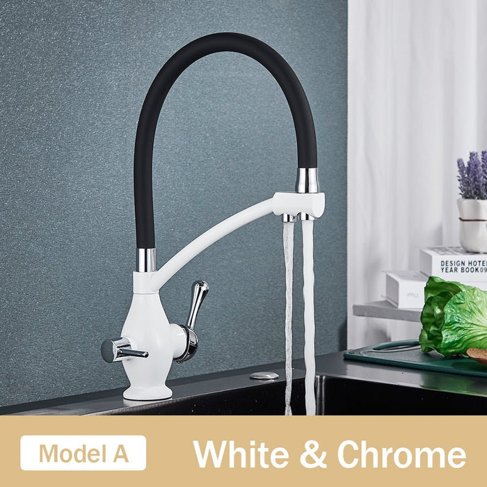 MIRODEMI® Dual Spout Swivel Pull Down Kitchen Faucet With Filter White Chrome / A