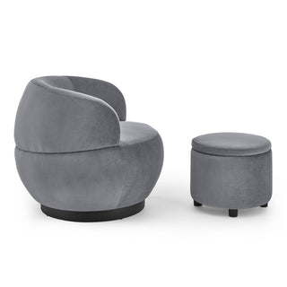 Gold-tone base barrel accent chair with ottoman in stainless steel, foam, and solid wood