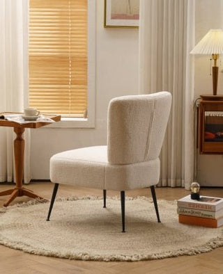 Ivory teddy-fabric slipper accent chair made of teddy fabric with metal legs, minimalist modern style