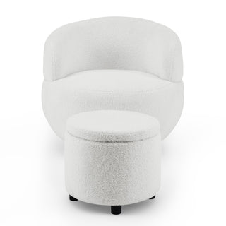 Stylish barrel accent chair with ottoman in stainless steel, foam, and solid wood