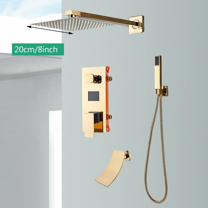 MIRODEMI® Gold Rainfall Shower Faucet Digital Display Wall Mounted Mixer Tap 3 ways / 8''
