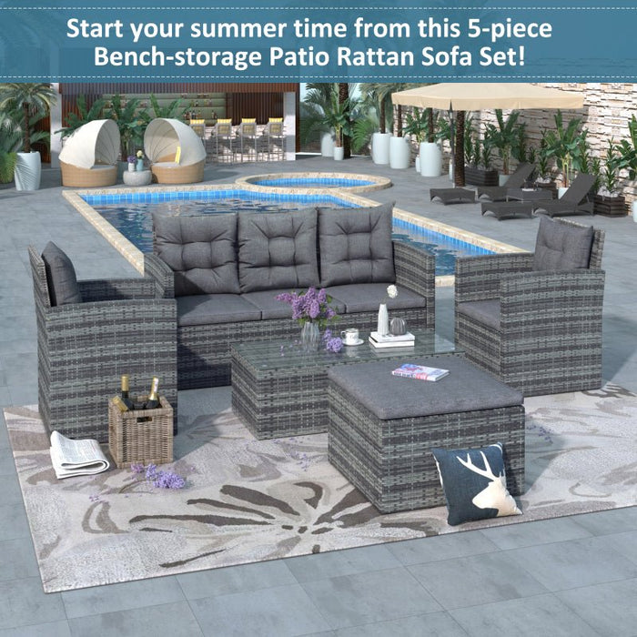 5-Piece Outdoor Patio Set with Storage Bench and Glass Table image | luxury furniture | glass tables | outdoor furniture