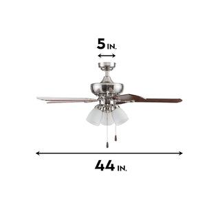 Brushed nickel ceiling fan close-up showing pull chains and glass light shade, 44-inch span