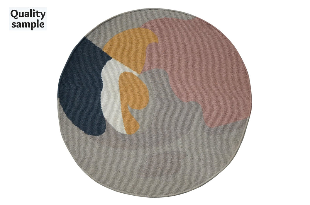 Blue/Yellow/Grey Modern Hand-Knotted Indian Round Area Rug