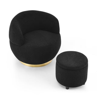 Barrel accent chair with ottoman upholstered in stainless steel, foam, and solid wood, minimalist modern