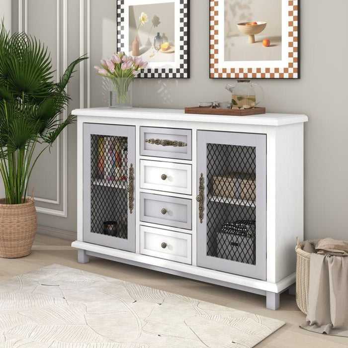 Retro Style Cabinet with 4 Drawers and 2 Iron Mesh Doors for Living Room