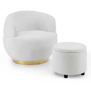 Barrel accent chair with gold-tone base in stainless steel, foam, and solid wood for the living room