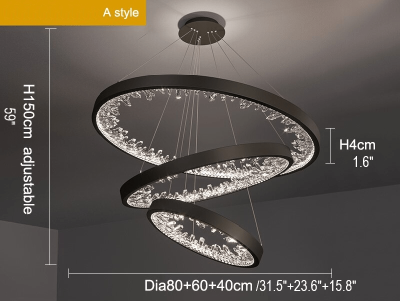 MIRODEMI® Black Rings Modern Crystal Creative Luxury Hanging Led Chandelier 3Rings-A Dia31.5 / Warm Light 3000K