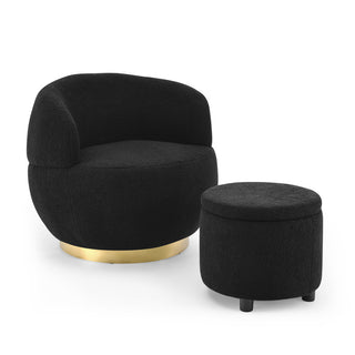 Elegant barrel accent chair with ottoman in stainless steel, foam, and solid wood for the living room