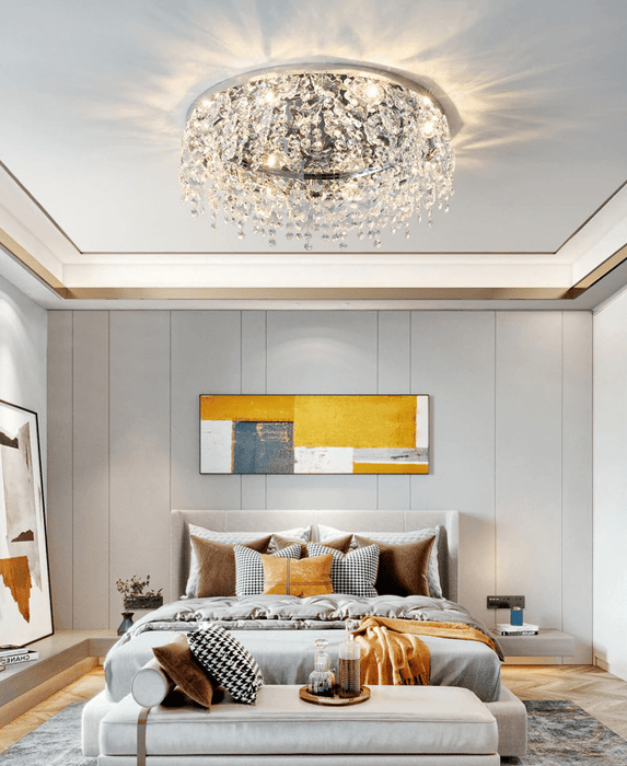 MIRODEMI® Round modern chrome gold crystal ceiling chandelier for living room, bedroom 19.7'' / Warm Light / Dimmable