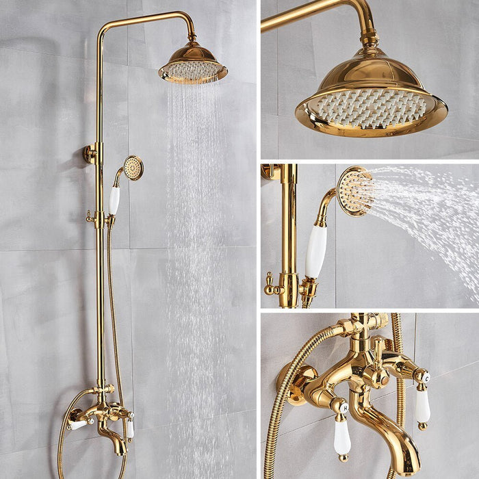 MIRODEMI® Gold Shower Faucet Set Wall Mounted with Tub Spout Dual Handles Mixer Tap WQT1LDT1 / Shower head: 8.3" Stainless Steel Shower Hose: 32.3" - 47.2"