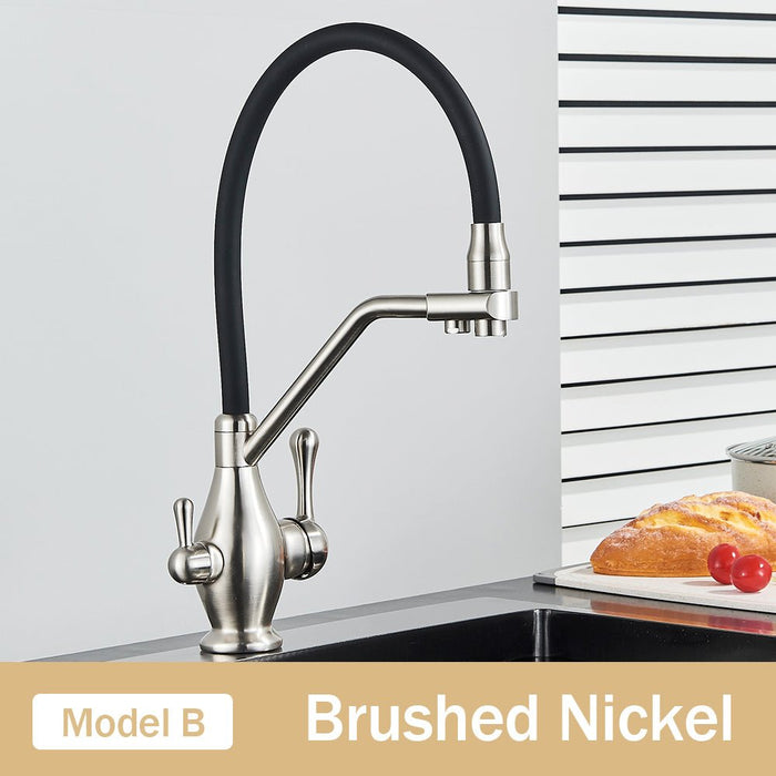 MIRODEMI® Dual Spout Swivel Pull Down Kitchen Faucet With Filter Brushed Nickel / B