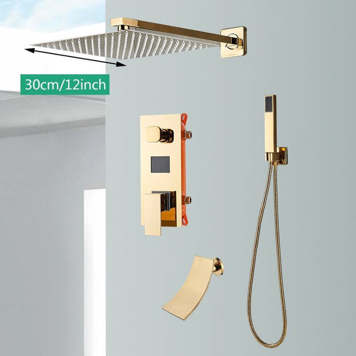 MIRODEMI® Gold Rainfall Shower Faucet Digital Display Wall Mounted Mixer Tap 3 ways / 12''