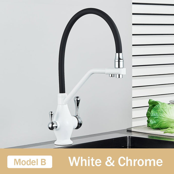 MIRODEMI® Dual Spout Swivel Pull Down Kitchen Faucet With Filter White Chrome / B