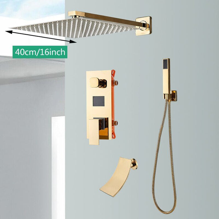MIRODEMI® Gold Rainfall Shower Faucet Digital Display Wall Mounted Mixer Tap 3 ways / 16''