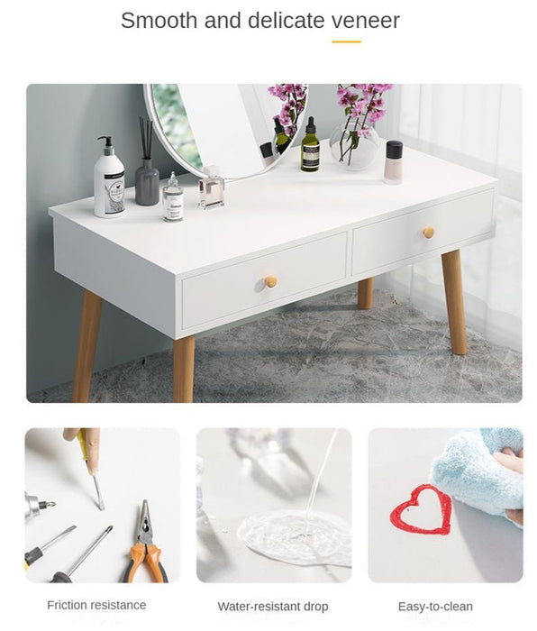 Simple Wooden Dressing Table with Storage and Round Mirror image | luxury furniture | luxury dressing tables | makeup tables