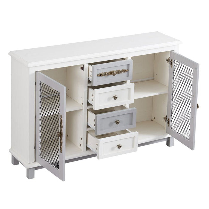 Retro Style Cabinet with 4 Drawers and 2 Iron Mesh Doors for Living Room