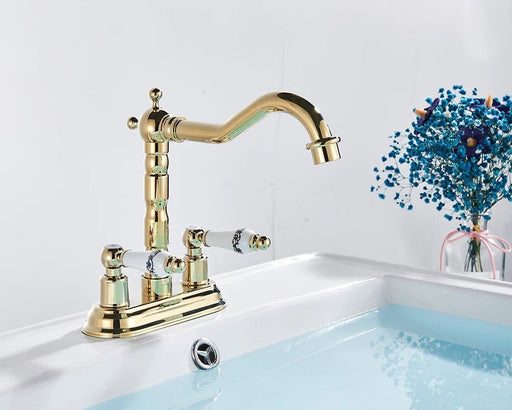 MIRODEMI® Gold Basin Faucet Dual Ceramics Handle Widespread Deck Mounted Swivel Spout