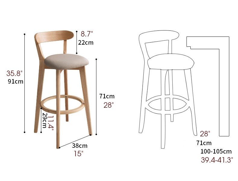 Minimalistic Nordic-Styled Bar Stool with Backrest Made of Solid Wood
