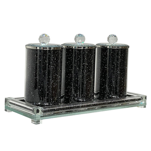 Three Black Crushed Diamond Glass Canister Set on a Tray
