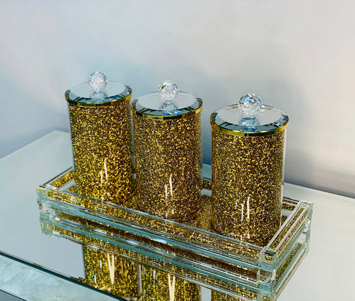 Three Gold Crushed Diamond Glass Canister Set on a Tray