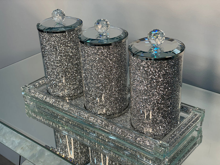 Silver Crushed Diamond Glass Three Glass Canister Set on a Tray 5.5"H x 4D