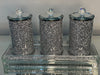 Silver Crushed Diamond Glass Three Glass Canister Set on a Tray 7"H x 4"D