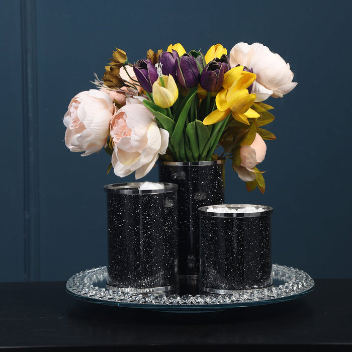 Three Black Crushed Diamond Glass Canisters and Tray Gift Set