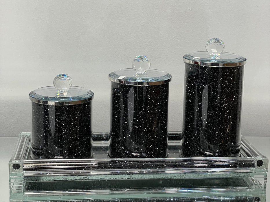 Three Black Crushed Diamond Glass Canisters and Tray Gift Set