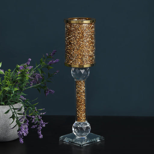 Exquisite Gold Crushed Diamonds Candle Holder in Gift Box 12.25"H x 2.75"D