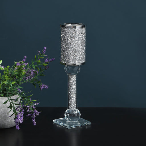 Silver Crushed Diamonds Exquisite Candle Holder in Gift Box 11"H x 2.75"D