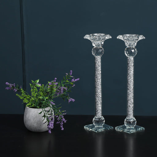 Silver Crushed Diamonds Glass 2 Candle Holder Set in Gift Box