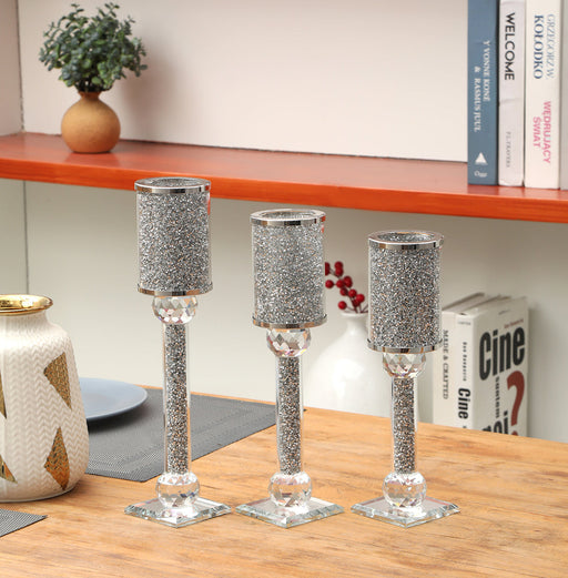 Silver Crushed Diamonds Glass 3 Candles Holder Set