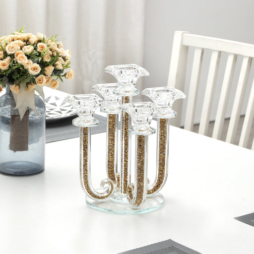 Gold Crushed Diamonds Glass 5 Candles Holder with Pendants