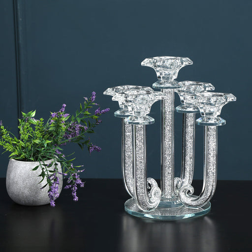 Ambrose 5 Candles Holder with Pendants, Silver Crushed Diamonds Glass