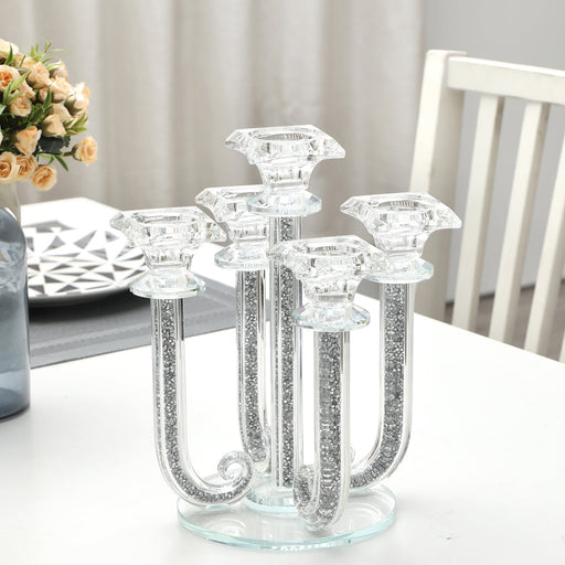 Ambrose 5 Candles Holder with Pendants, Silver Crushed Diamonds Glass