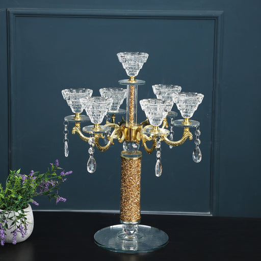 Gold Crushed Diamonds Glass 7 Candles Holder with Pendants