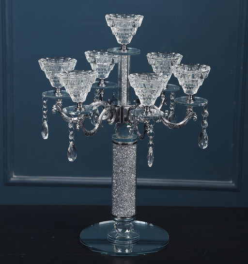 Silver Crushed Diamonds Glass 7 Candles Holder with Pendants
