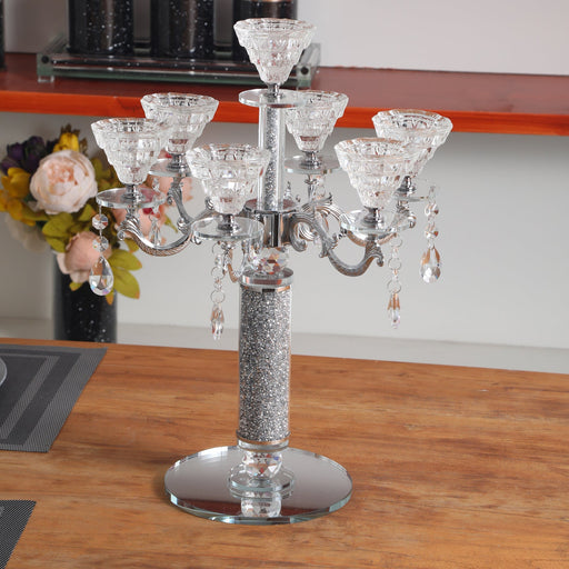 Silver Crushed Diamonds Glass 7 Candles Holder with Pendants
