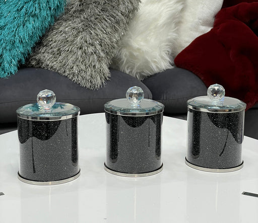 Exquisite Three Black Crushed Diamond Glass Canister Set