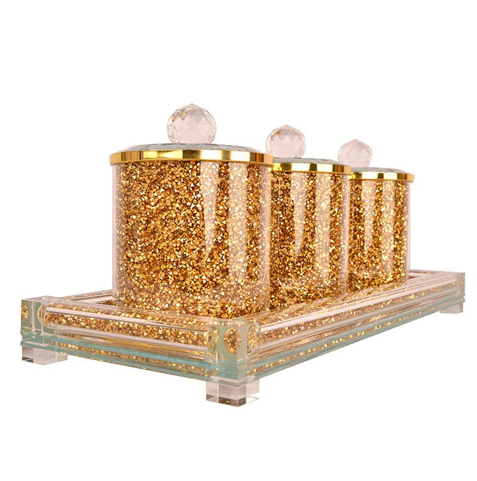 Three Gold Crushed Diamond Glass Canister Set on a Tray