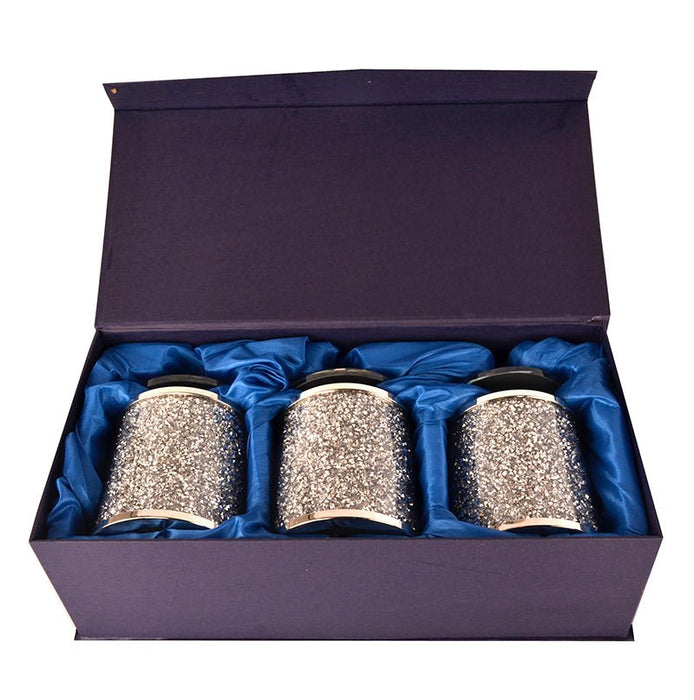 Silver Crushed Diamond Glass Three Glass Canister Set on a Tray