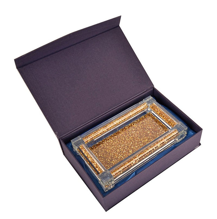 Gold Crushed Diamond Glass Salt & Pepper on a Tray