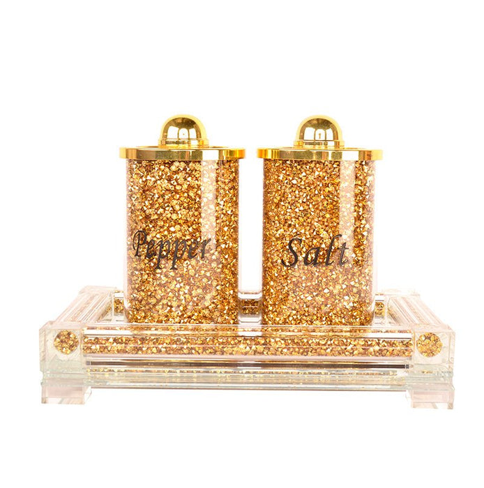 Gold Crushed Diamond Glass Salt & Pepper on a Tray