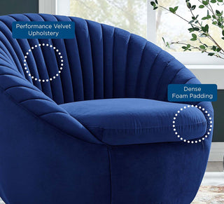 Blue modern rotatable single sofa in velvet, solid wood, and iron