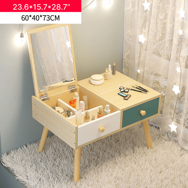Light Wooden Dressing Table with Storage and Folding Mirror