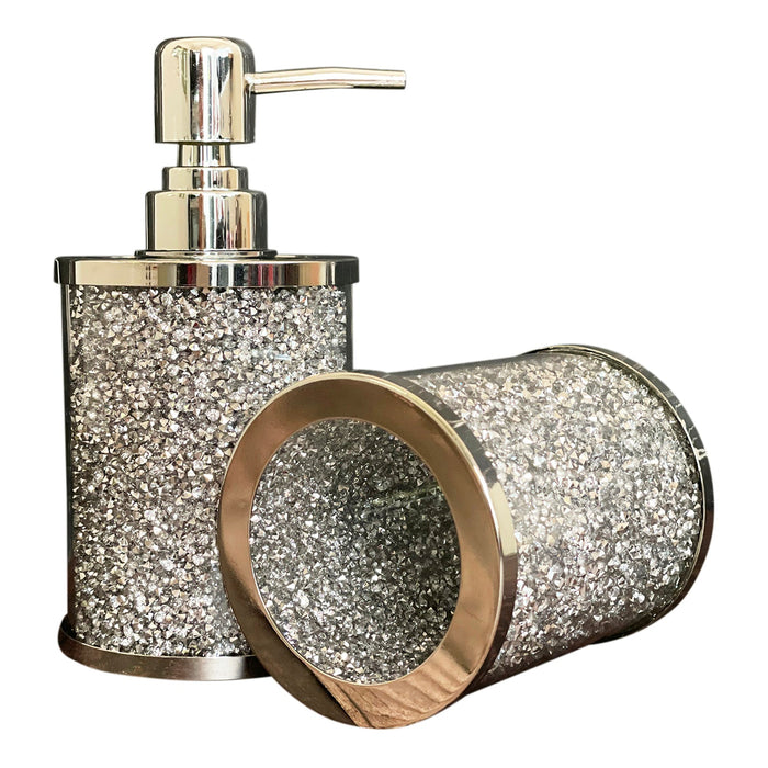 Yodudm Silver Diamond Bathroom Accessories Set, 3 Piece Bathroom Accessory  Decor Sets Fills with Crushed Diamond Crystals Luxury for Home Decor,  Includes Soap Dispenser, Toothbrush Holder, Soap Dish 
