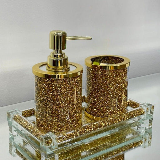 Gold Crushed Diamond Soap Dispenser and Toothbrush Holder with Tray